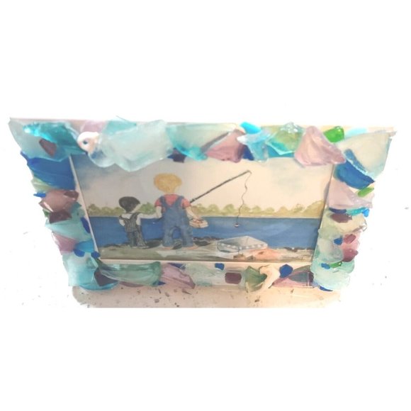 Handmade Shells & Sea Glass Framed Art Decor & Drawing Fishing Trip Theme Signed - Picture 2 of 16